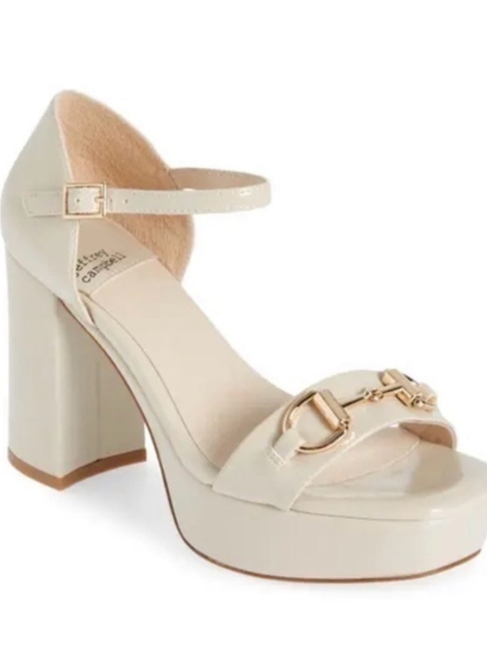 Like New in Box Jeffrey Campbell Clever Cream Platform Sandal Ice Patent Gold